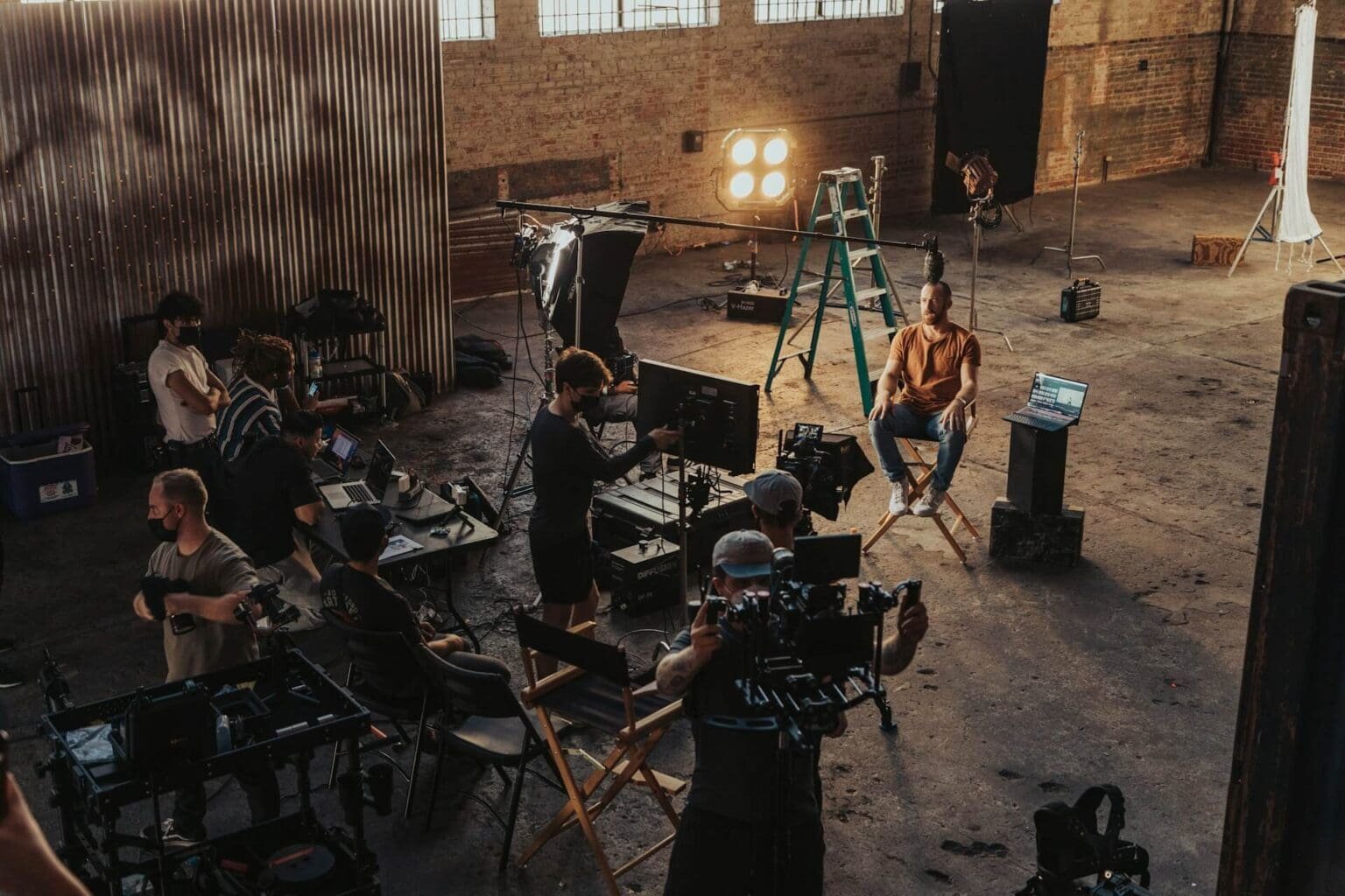 Professional film production set with high-tech equipment and explosions