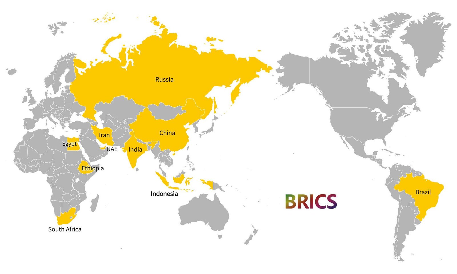 World map with BRICS member countries as of May 2025, with English country names