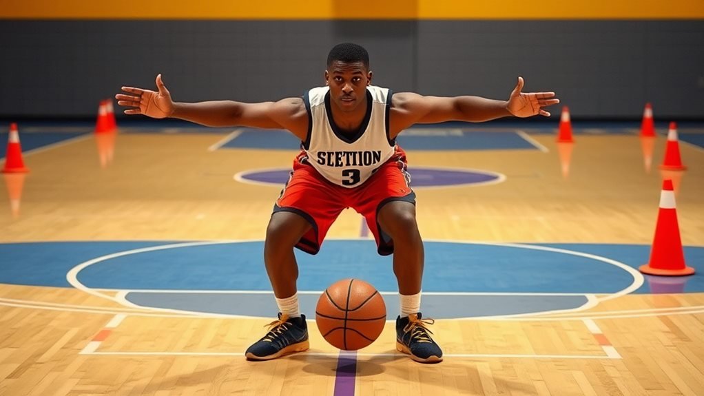 A basketball player demonstrating a defensive stance to showcase wingspan and positioning