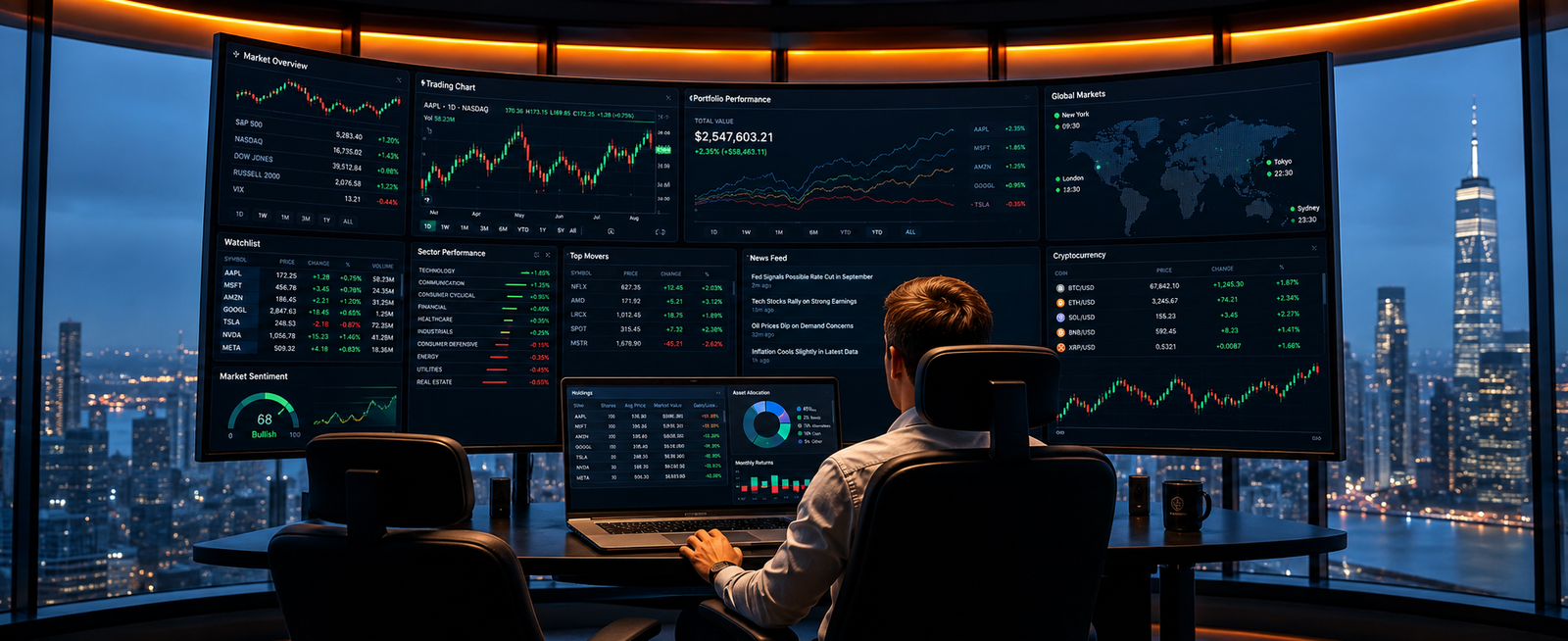 Professional stock market data terminal showing financial charts