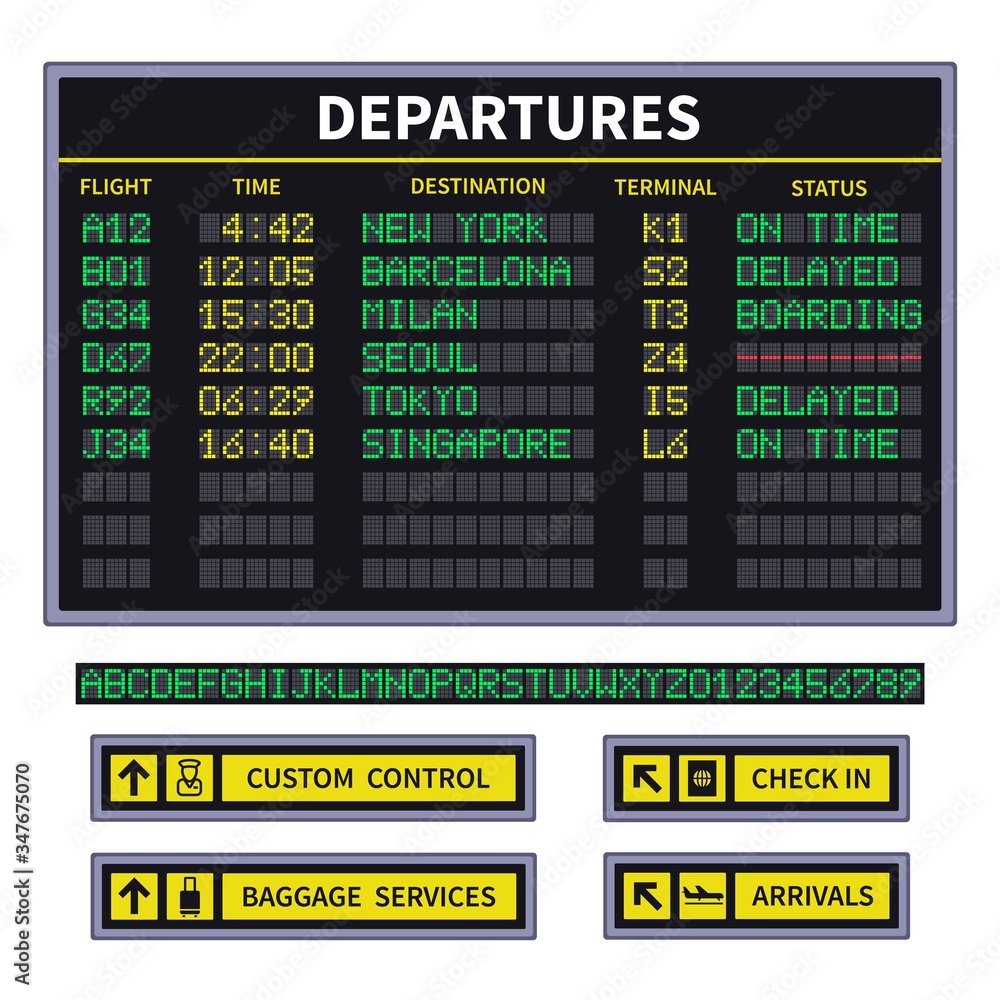 Flight departure board showing cancellations and delays