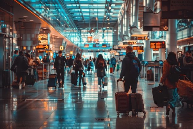 Travelers waiting in a crowded airport terminal