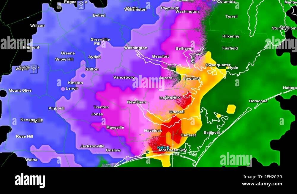 Weather radar screen showing snow storm