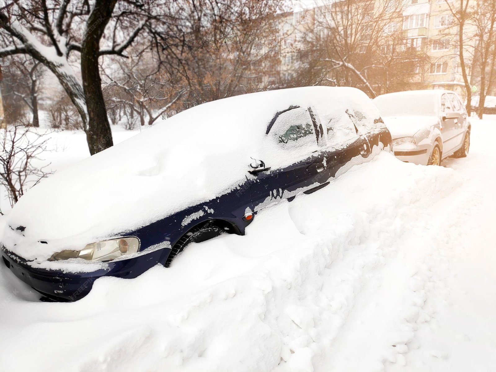 Snow-covered road with car