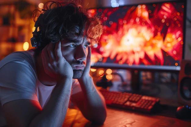 A gamer looking at a monitor displaying a connection error message