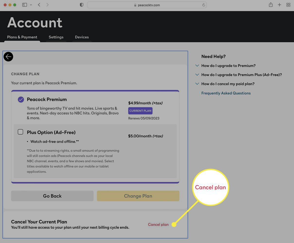 Visual guide on where to find Account Settings for Peacock cancellation