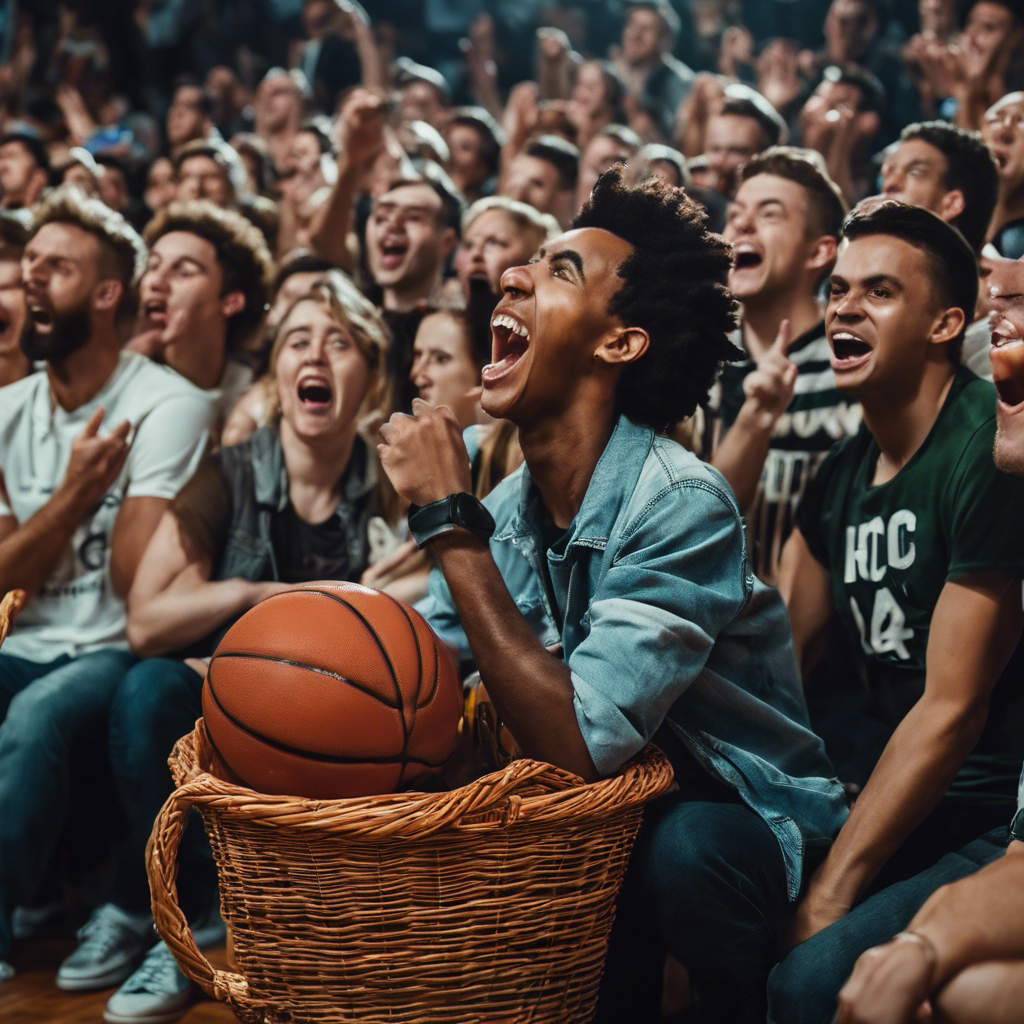 Enthusiastic fans cheering for their team at a March Madness game
