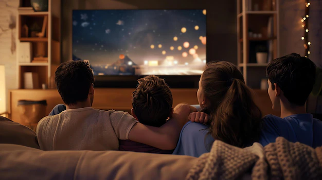Family watching a movie on a large living room television