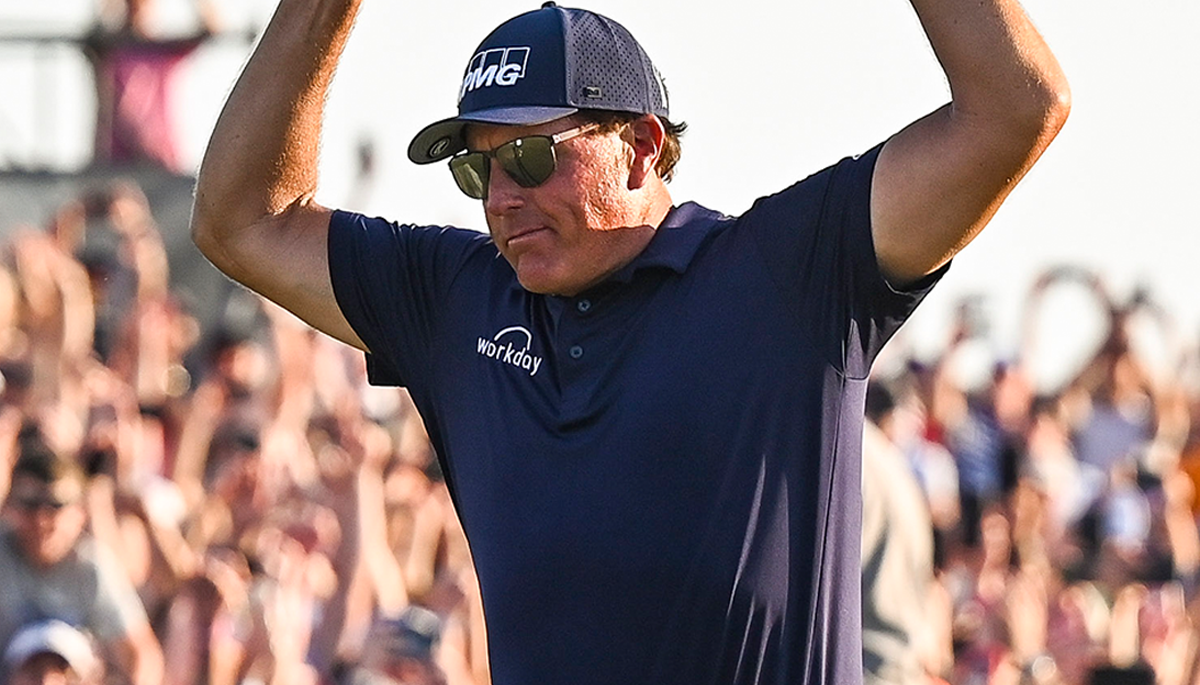 Phil Mickelson lifting the Wanamaker Trophy at age 50