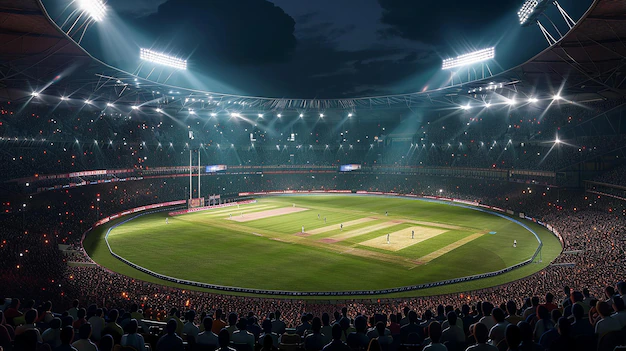 A vibrant cricket stadium atmosphere representing the home of Mumbai Indians