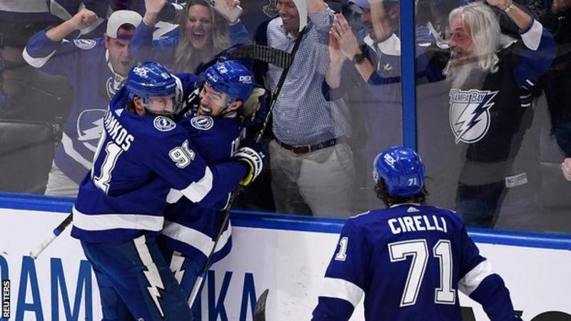 Tampa Bay Lightning and Montreal Canadiens players competing during the 2021 Stanley Cup Finals