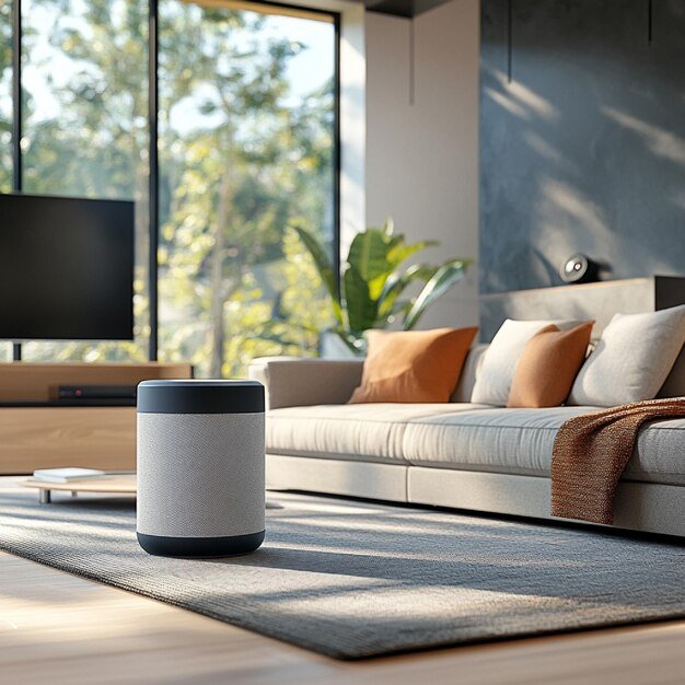 Smart speaker in a modern living room setting representing voice AI technology
