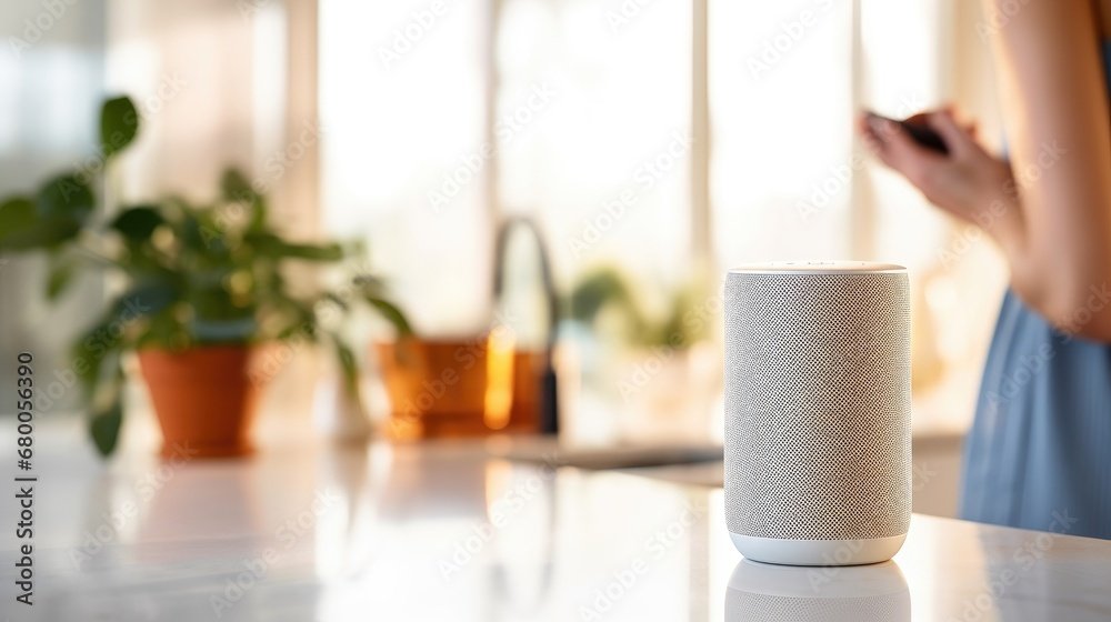 User interacting naturally with a voice assistant in a kitchen environment