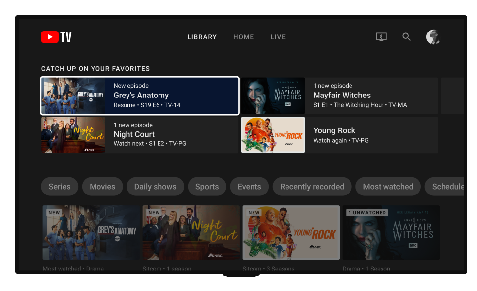YouTube TV interface on a smart TV display