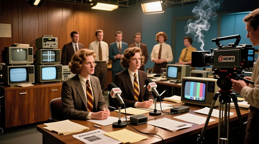 A professional news studio setup designed for educational broadcasting