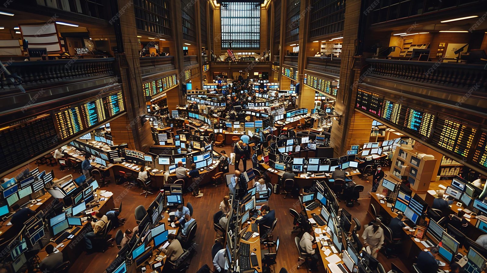 A busy global stock market trading floor representing the fast-paced environment of financial journalism