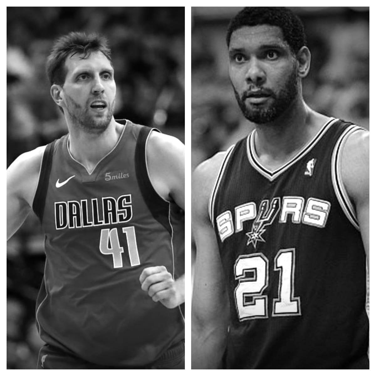 Dirk Nowitzki and Tim Duncan competing in a Mavericks vs Spurs game