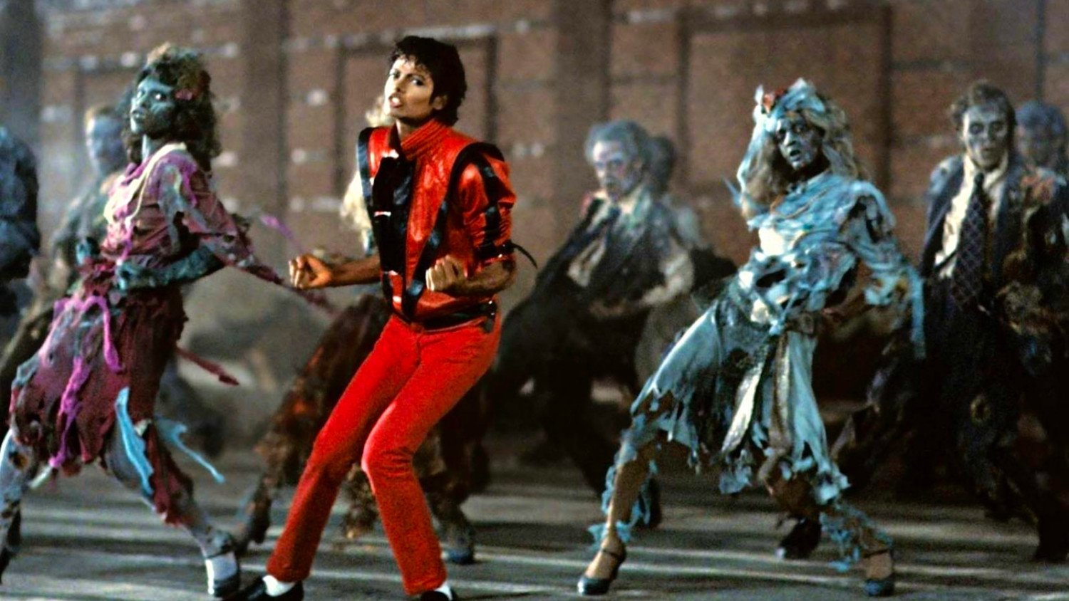 A high-quality still from the Thriller short film featuring Michael Jackson