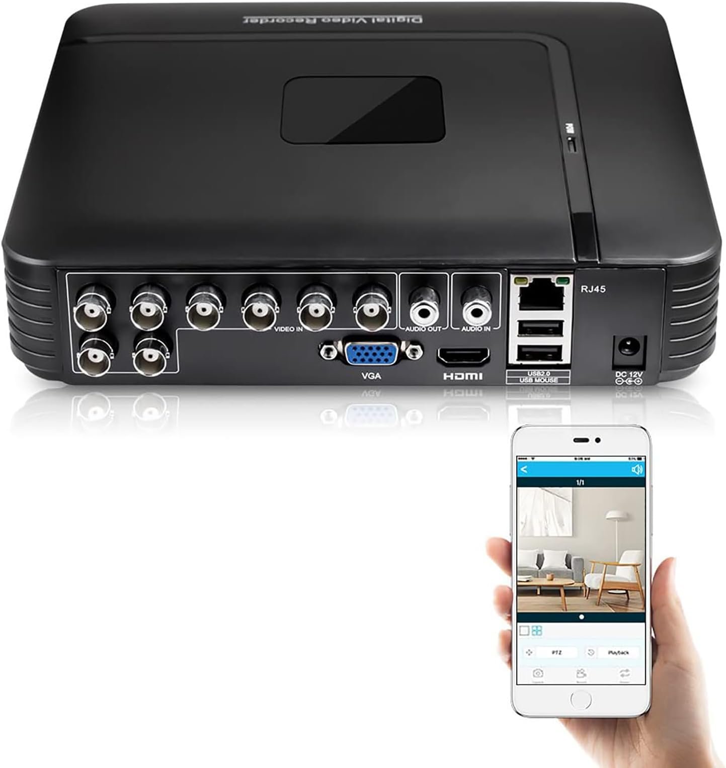 A modern digital video recorder and its associated remote control on a wooden surface