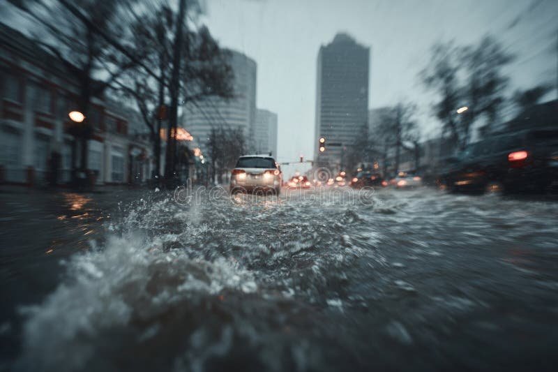 Flooded urban street after heavy rainfall